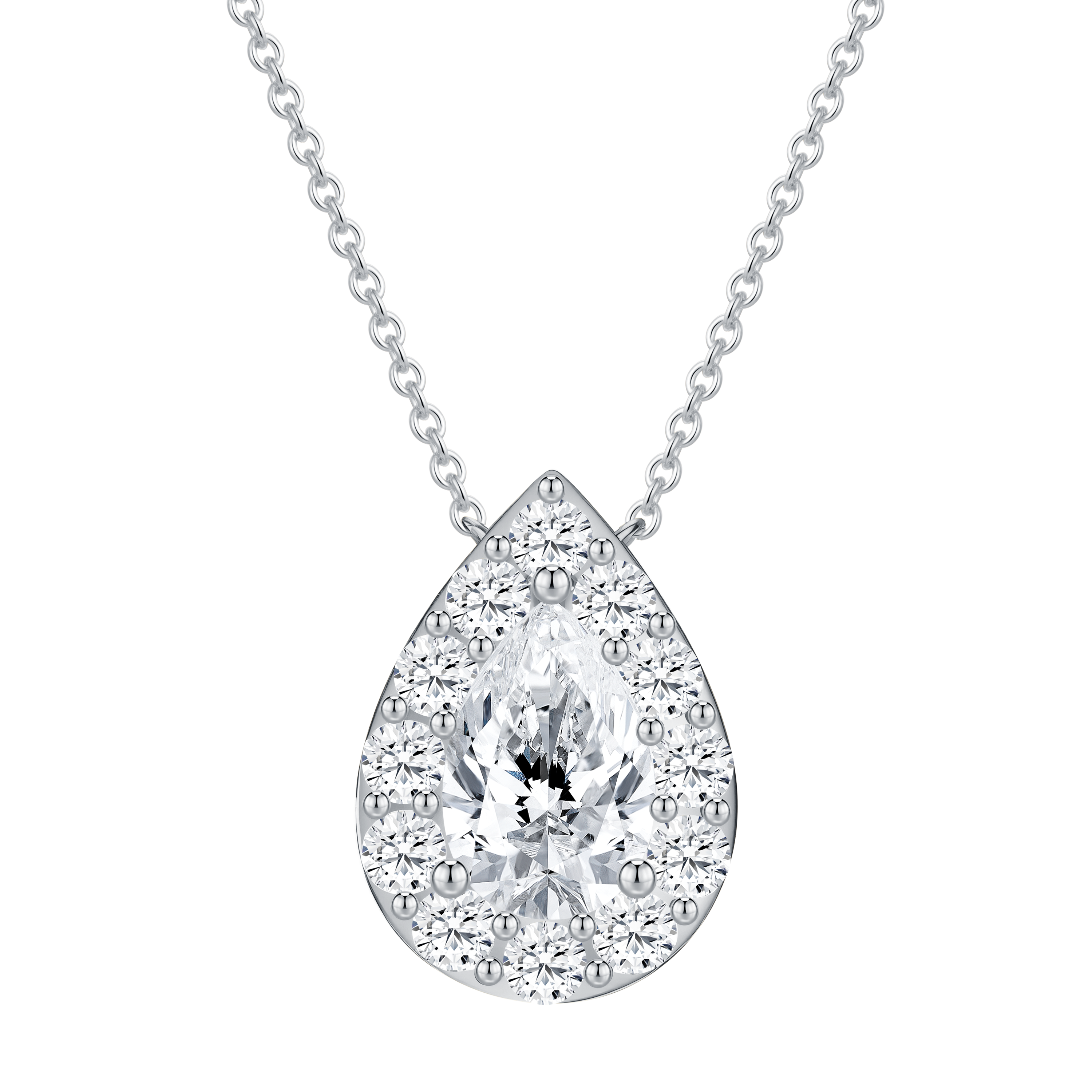 14K white gold necklace featuring 2.00 carat pear-shaped diamond