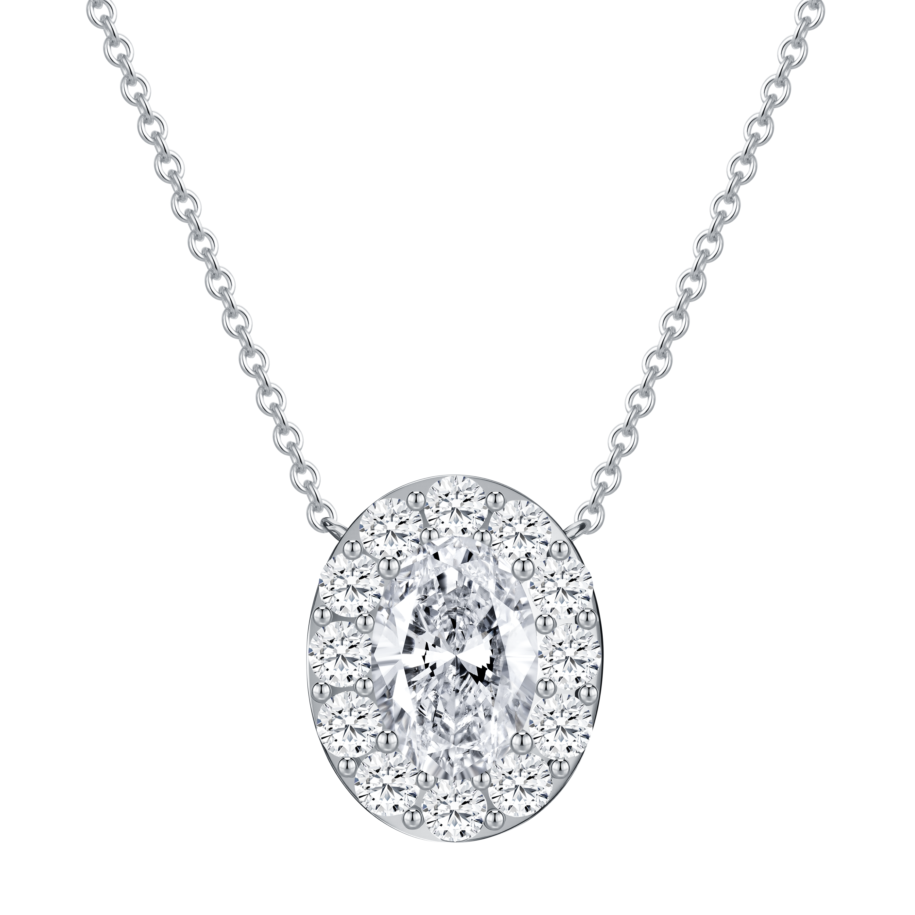 14K white gold necklace featuring a 2.00 carat oval lab-created diamond mounting