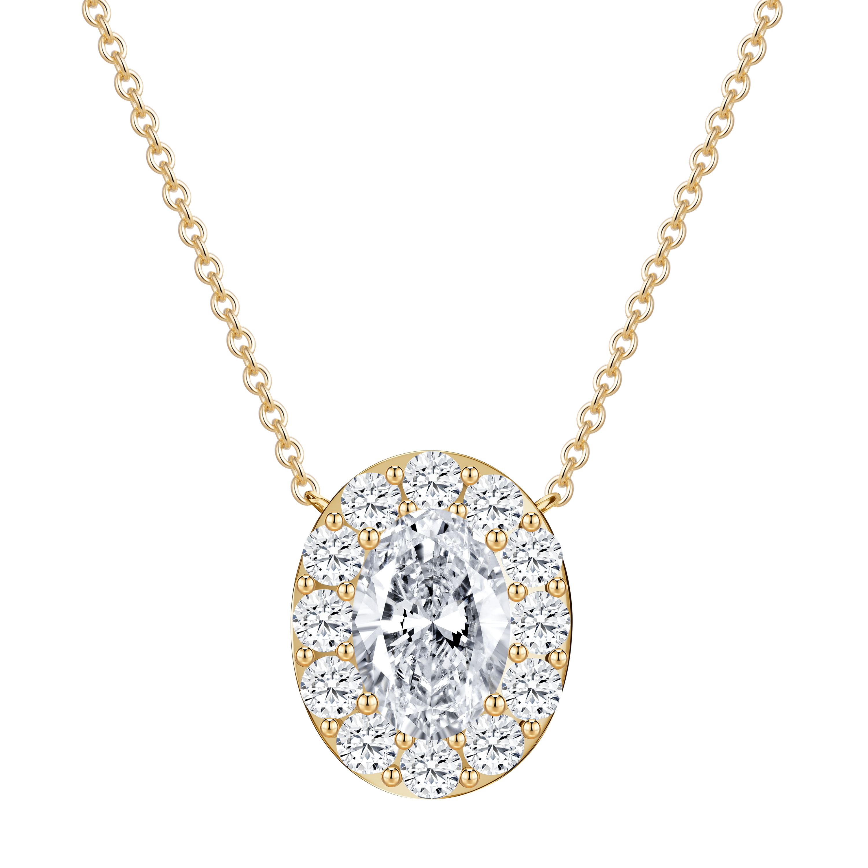 14K yellow gold necklace featuring a 2.00 carat oval lab diamond