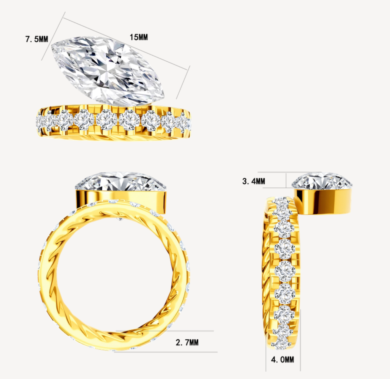 14K yellow gold ring with a 3.00-carat lab-created marquise-shaped diamond